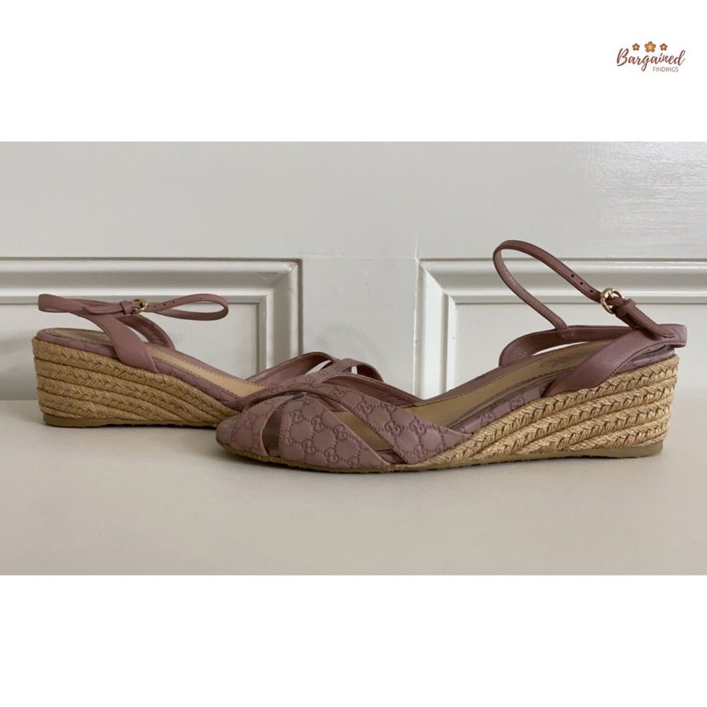 Authentic GUCCI Pink Micro-Guccissima Leather Wedge Espadrille Sandals 38.5/8.5 - Picture 11 of 14